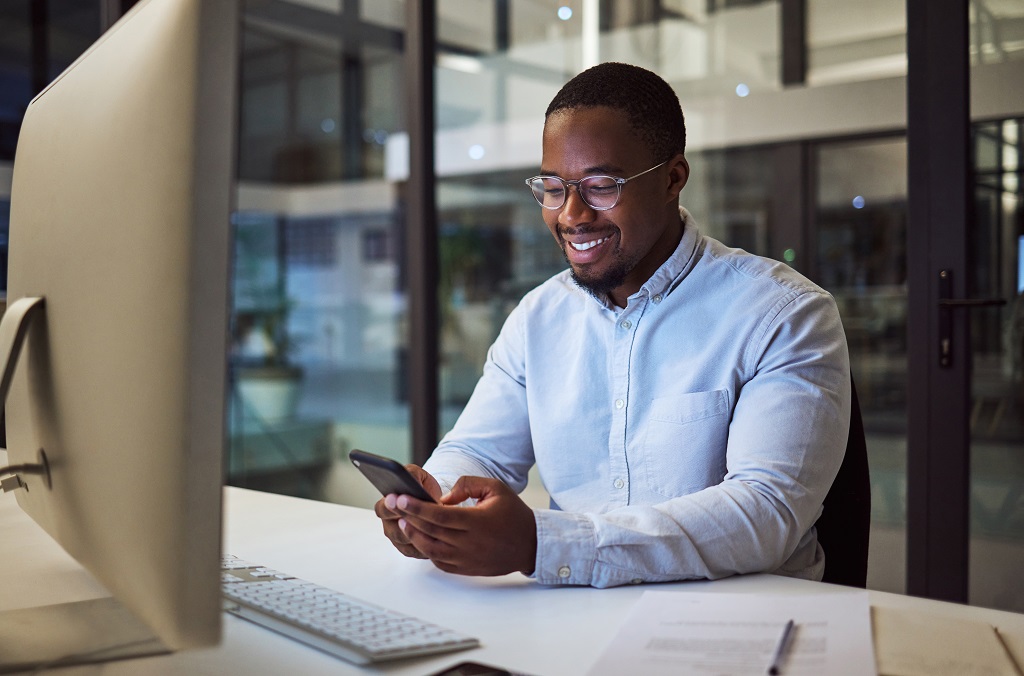 social media phone night work and businessman 