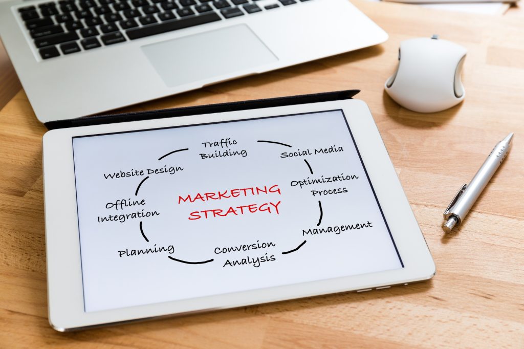 Business Office Table With Table Pc Presenting Marketing Strategy Concept